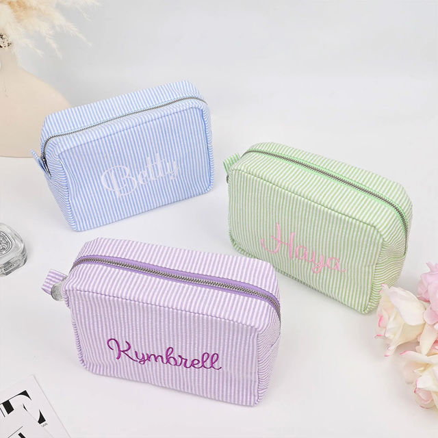 Picture of Personalized embroidered striped cosmetic bag - customized seersucker storage cosmetic bag - personalized travel business trip portable storage bag