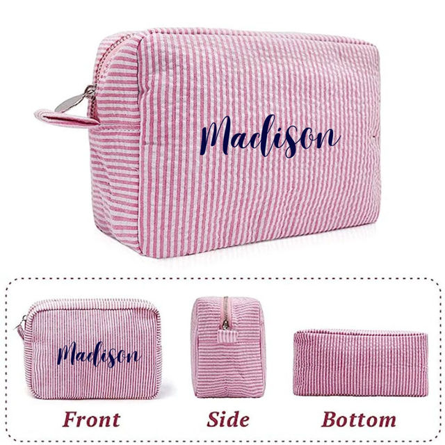 Picture of Personalized embroidered striped cosmetic bag - customized seersucker storage cosmetic bag - personalized travel business trip portable storage bag