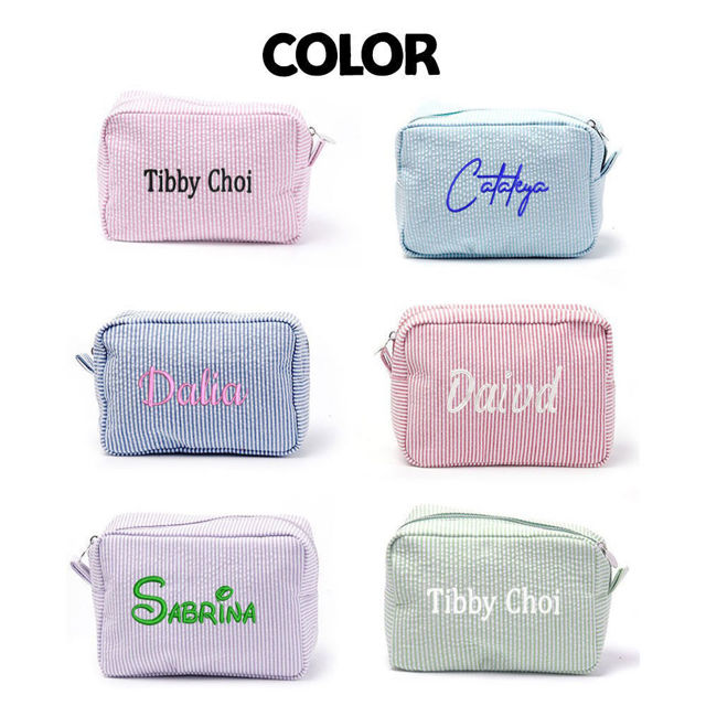 Picture of Personalized embroidered striped cosmetic bag - customized seersucker storage cosmetic bag - personalized travel business trip portable storage bag