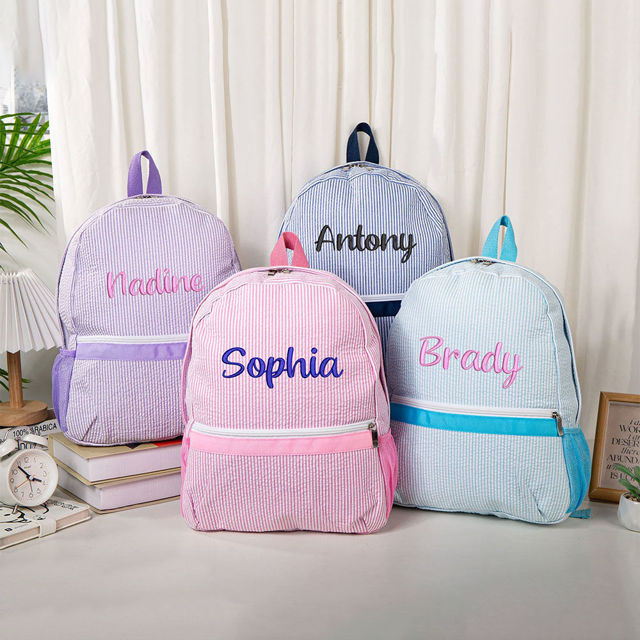 Picture of Personalized Student Backpack Preschool Backpack - Custom Embroidered Letters Kids Seersucker Backpack - Back to School Gift for Kids