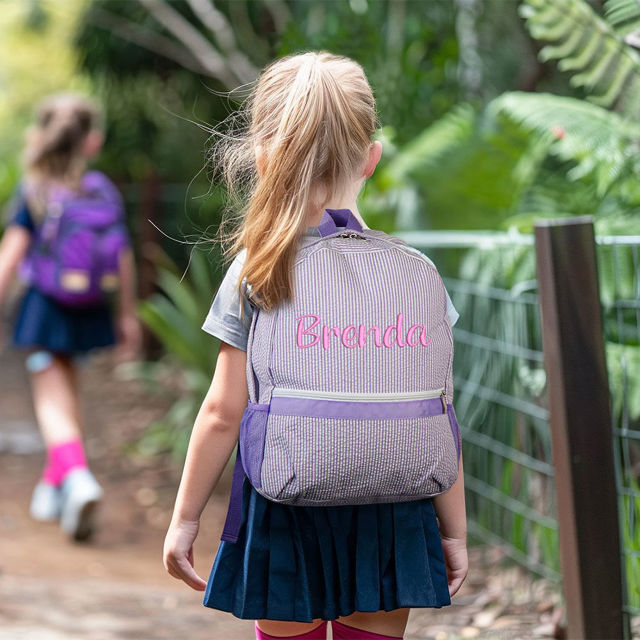 Picture of Personalized Student Backpack Preschool Backpack - Custom Embroidered Letters Kids Seersucker Backpack - Back to School Gift for Kids