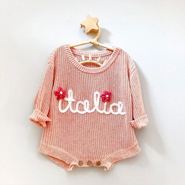 Picture of Personalized Baby and Toddler Personalized Embroidered Sweaters - Custom Name Embroidered Bodysuit Sweaters - Knitted Christmas Sweaters