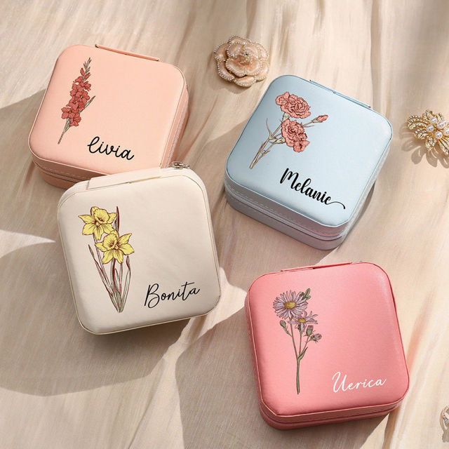 Picture of Personalized Colored Birth Month Flower Travel Jewelry box - Custom Travel case - Bridesmaid Gift