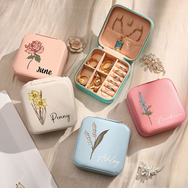 Picture of Personalized Colored Birth Month Flower Travel Jewelry box - Custom Travel case - Bridesmaid Gift