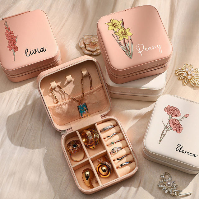 Picture of Personalized Colored Birth Month Flower Travel Jewelry box - Custom Travel case - Bridesmaid Gift