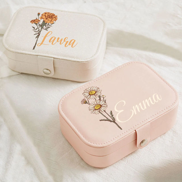 Picture of Custom Birth Month Flower Travel Jewelry Case - Personalized Travel box for Rings Earrings and Necklace