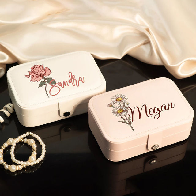 Picture of Custom Birth Month Flower Travel Jewelry Case - Personalized Travel box for Rings Earrings and Necklace