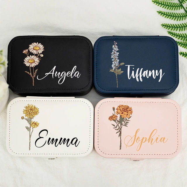 Picture of Custom Birth Month Flower Travel Jewelry Case - Personalized Travel box for Rings Earrings and Necklace