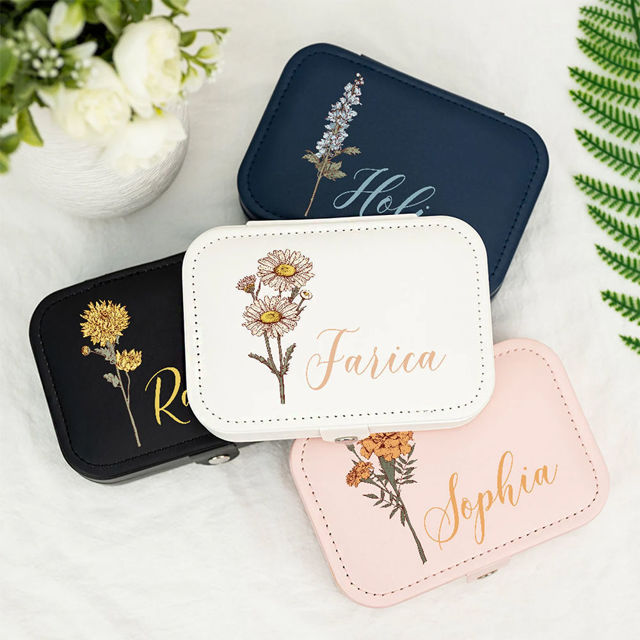 Picture of Custom Birth Month Flower Travel Jewelry Case - Personalized Travel box for Rings Earrings and Necklace