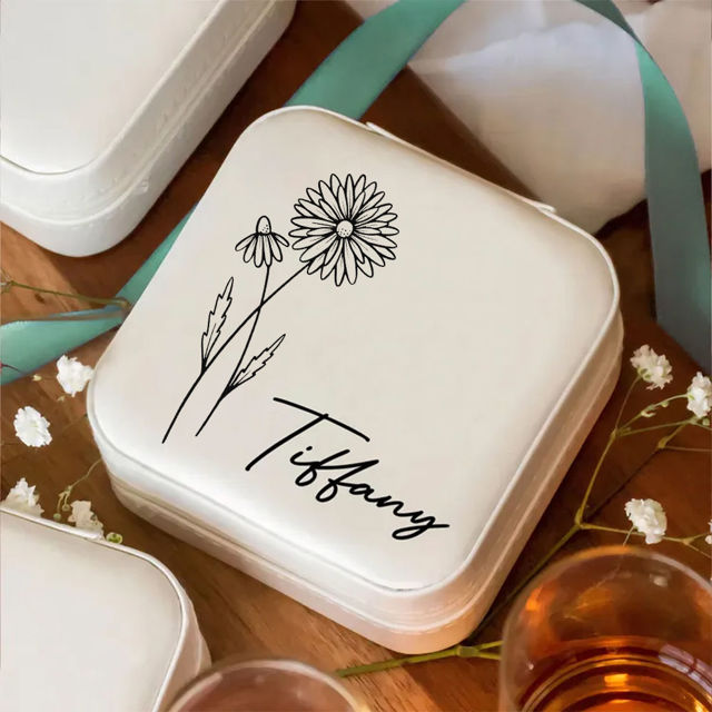 Picture of Custom Birth Month Flower Travel Jewelry Box - Personalized Small Travel case - Bridesmaid Gift - Wedding Gift