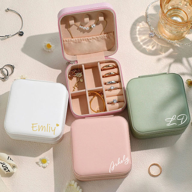 Picture of Custom Square Travel Jewelry Box - Personalized Small Travel Case with Name - Bridesmaid Gift