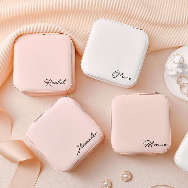 Picture of Custom Square Travel Jewelry Box - Personalized Small Travel Case with Name - Bridesmaid Gift