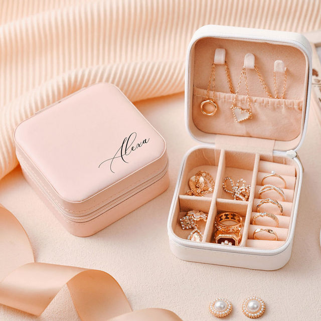 Picture of Custom Square Travel Jewelry Box - Personalized Small Travel Case with Name - Bridesmaid Gift