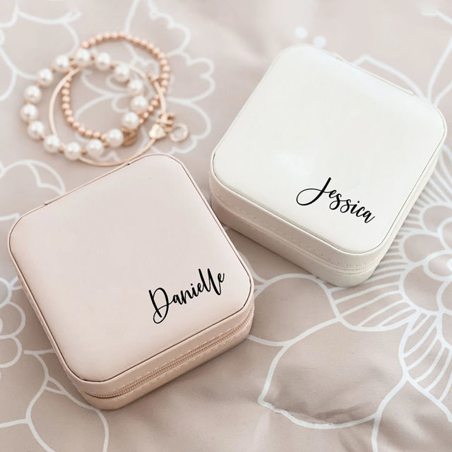 Picture of Custom Square Travel Jewelry Box - Personalized Small Travel Case with Name - Bridesmaid Gift