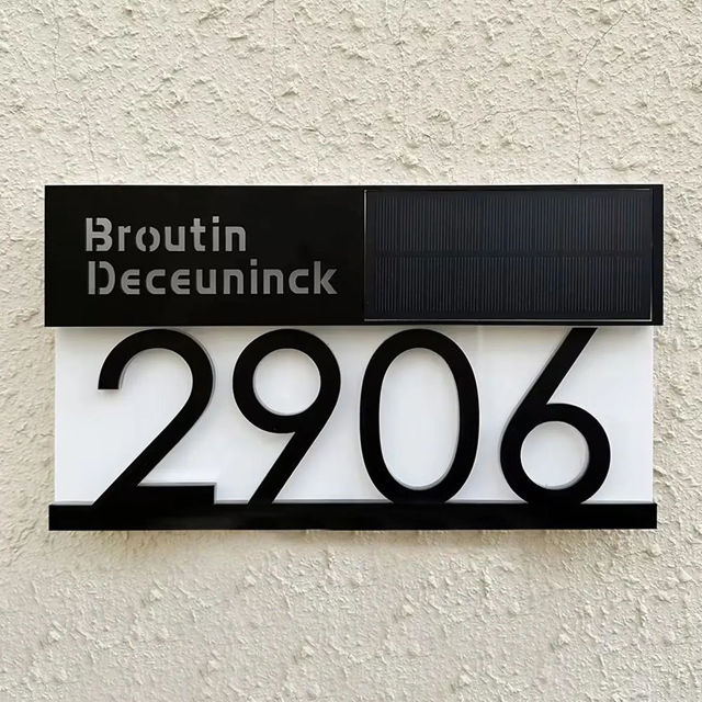 Picture of Custom Black House Sign with Solar Light - Lasered Acrylic Number Door Signs - LED Lit Number