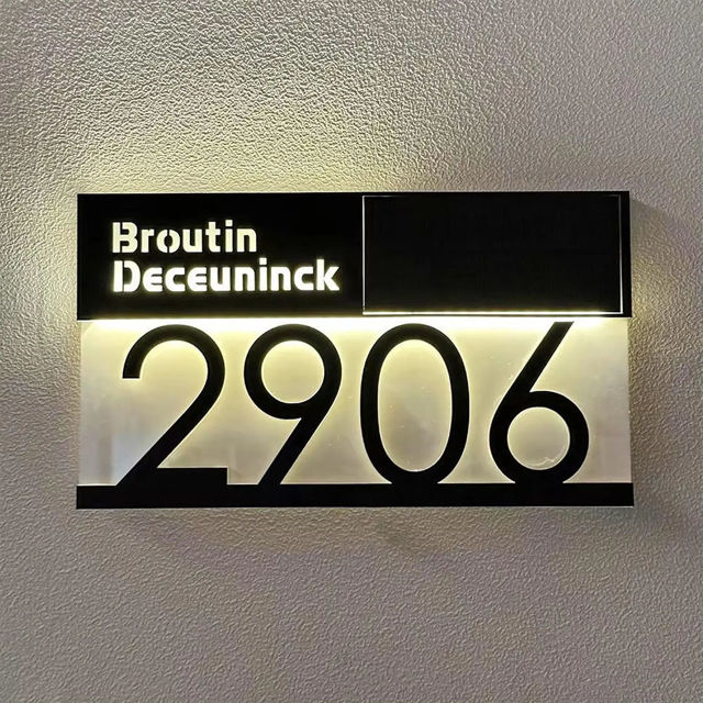 Picture of Custom Black House Sign with Solar Light - Lasered Acrylic Number Door Signs - LED Lit Number