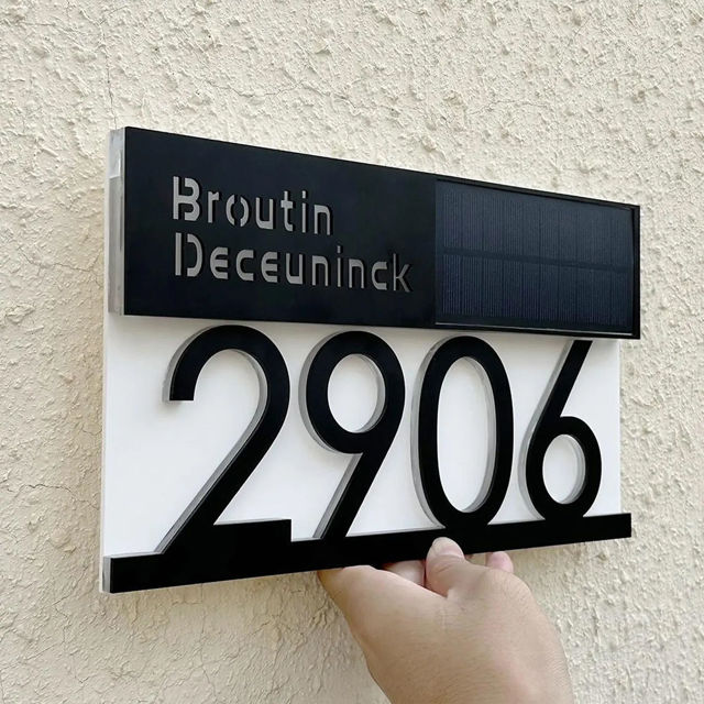 Picture of Custom Black House Sign with Solar Light - Lasered Acrylic Number Door Signs - LED Lit Number