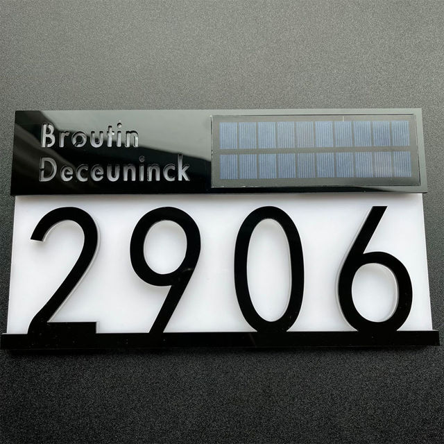 Picture of Custom Black House Sign with Solar Light - Lasered Acrylic Number Door Signs - LED Lit Number