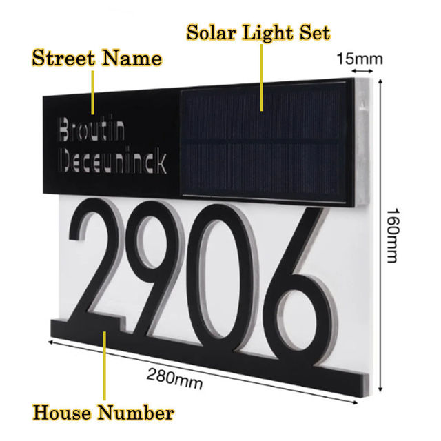 Picture of Custom Black House Sign with Solar Light - Lasered Acrylic Number Door Signs - LED Lit Number