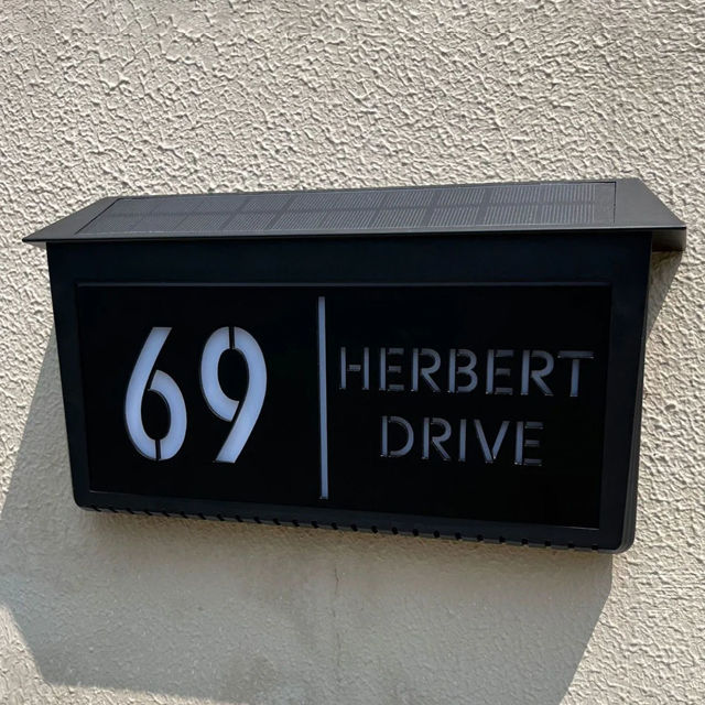 Picture of Custom Black House Sign with Solar Light - Laser Acrylic Number Door Signs - LED Lit Number