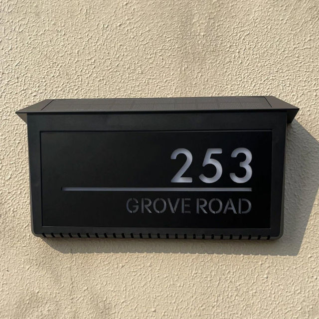 Picture of Custom Black House Sign with Solar Light - Laser Acrylic Number Door Signs - LED Lit Number