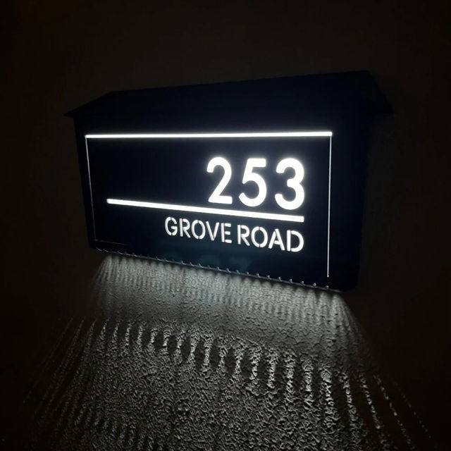 Picture of Custom Black House Sign with Solar Light - Laser Acrylic Number Door Signs - LED Lit Number