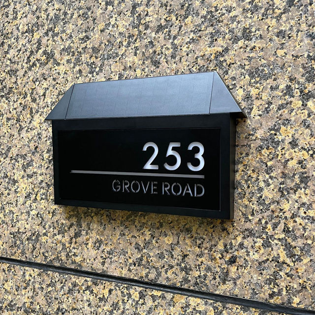 Picture of Custom Black House Sign with Solar Light - Laser Acrylic Number Door Signs - LED Lit Number