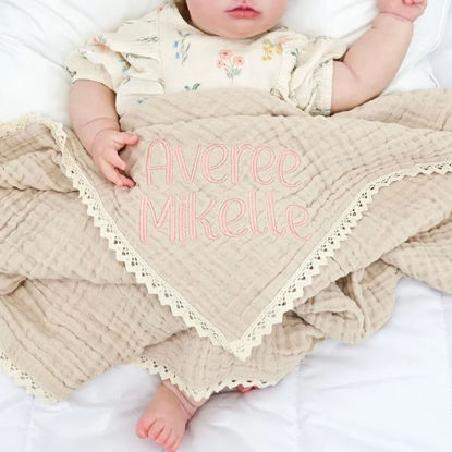 Picture of Personalized Embroidered Lace Blanket - Custom Baby Gauze Cotton Lace Blanket - Personalized Swaddle, Stroller Cover