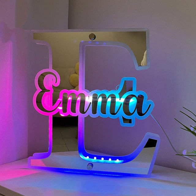 Picture of Personalized Alphabet Mirror with Name - Customized Illuminated Name Mirror - Wall Art Light Up Mirror - Birthday, Anniversary and Christmas Gift for Family and Friends