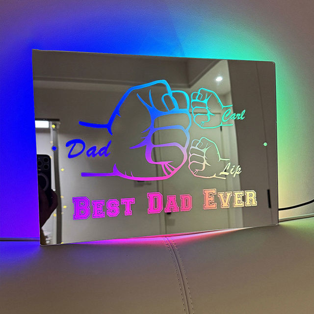 Picture of Personalized Name LED Mirror Sign with Fist Combination - Best Dad Ever Mirror - Custom Illuminated Name Mirror Sign for Dad - Cool Bedroom Decoration for Father's Day