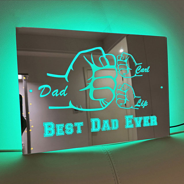 Picture of Personalized Name LED Mirror Sign with Fist Combination - Best Dad Ever Mirror - Custom Illuminated Name Mirror Sign for Dad - Cool Bedroom Decoration for Father's Day