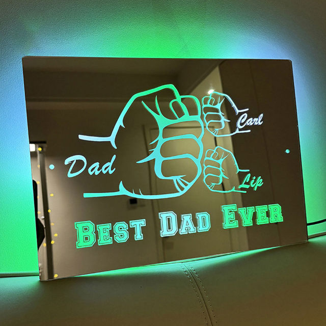 Picture of Personalized Name LED Mirror Sign with Fist Combination - Best Dad Ever Mirror - Custom Illuminated Name Mirror Sign for Dad - Cool Bedroom Decoration for Father's Day