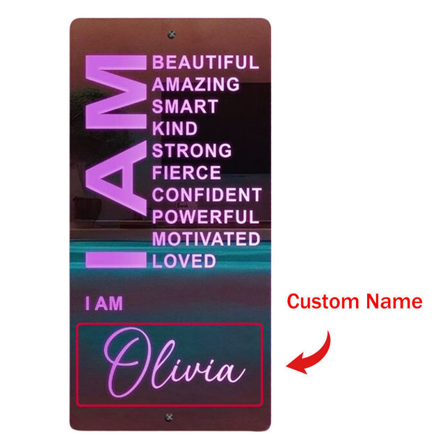 Picture of Personalized Name LED Neon Sign Mirror - Customized Illuminated Name Mirror - Personalized Affirmation Mirror - Wall Art Light Up Mirror - Best Anniversary, Birthday & Christmas Gift for Family and Friends