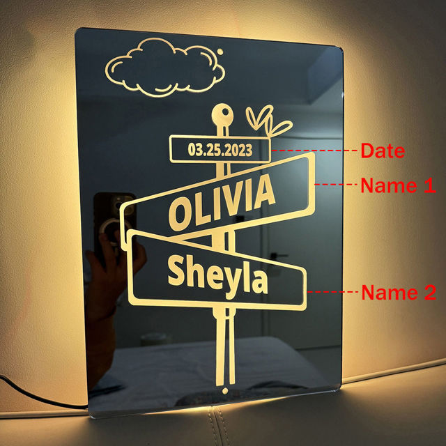 Picture of Custom Road Signs Mirror Light - Custom Mirror Sign with Couple Names and Date - Best Gifts for Boyfriend and Girlfriend