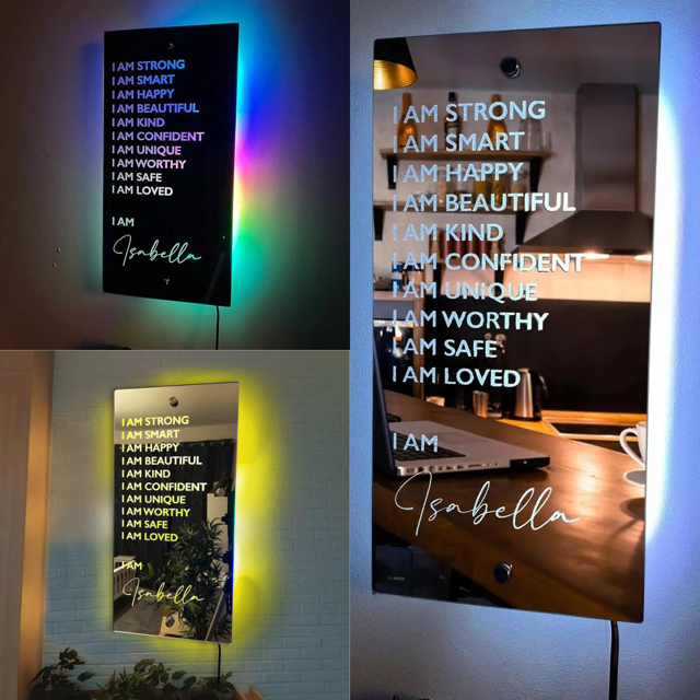 Picture of Personalized Name LED Neon Sign Mirror - Customized Illuminated Name Mirror - Personalized Affirmation Mirror - Wall Art Light Up Mirror - Best Anniversary, Birthday and Christmas Gifts