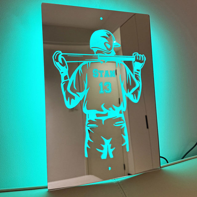 Picture of Personalized Baseball Silhouette Jersey Mirror Sign - Custom Illuminated Name Mirror Sign - Cool Bedroom Decoration or Party Decoration for Sports Lover - Best Gift Idea