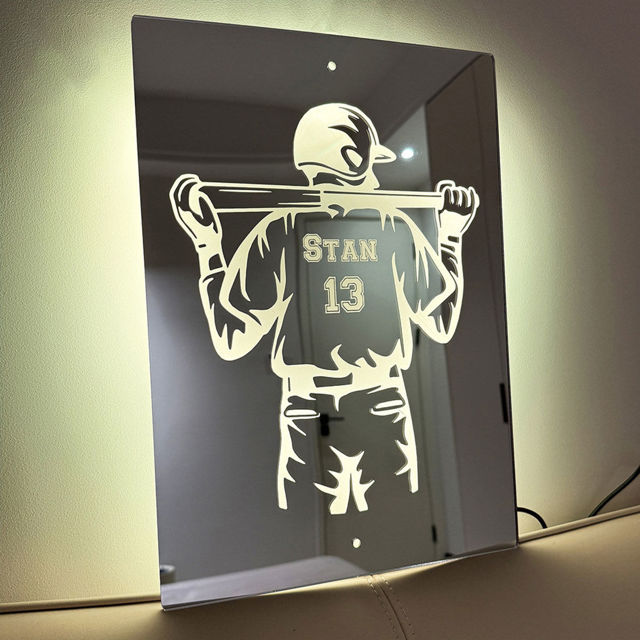 Picture of Personalized Baseball Silhouette Jersey Mirror Sign - Custom Illuminated Name Mirror Sign - Cool Bedroom Decoration or Party Decoration for Sports Lover - Best Gift Idea