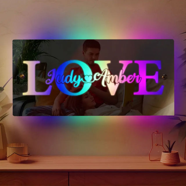 Picture of Personalized Couple Names Mirror Sign with LOVE - Best Birthday, Valentine's Gifts for Couples, Boyfriends and Girlfriends