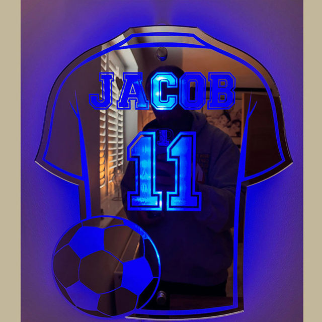 Picture of Personalized Football Jersey Jersey Mirror Sign with Jersey Number- Custom Illuminated Name Mirror Sign - Cool Bedroom Decoration and Party Decoration for Sports Lover