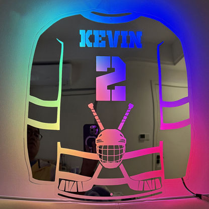 Picture of Personalized Ice Hockey Jersey Mirror - Custom Illuminated Name Mirror Sign - Cool Bedroom Decoration and Party Decoration for Sports Lover