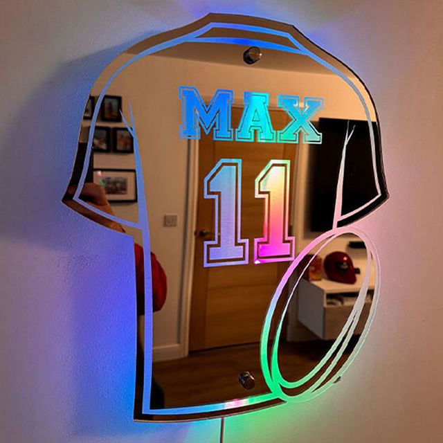 Picture of Personalized Rugby Jersey Mirror Sign - Custom Illuminated Name Mirror Sign - Cool Bedroom Decoration and Party Decoration for Sports Lover