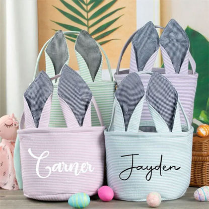 Picture of Personalized Easter Bucket - Custom Name Easter Bucket - Custom Embroidered Bunny Ears Striped Basket