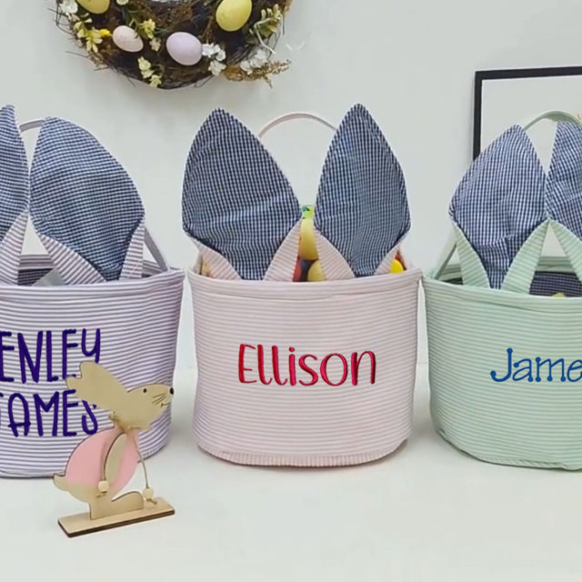 Picture of Personalized Easter Bucket - Custom Name Easter Bucket - Custom Embroidered Bunny Ears Striped Basket