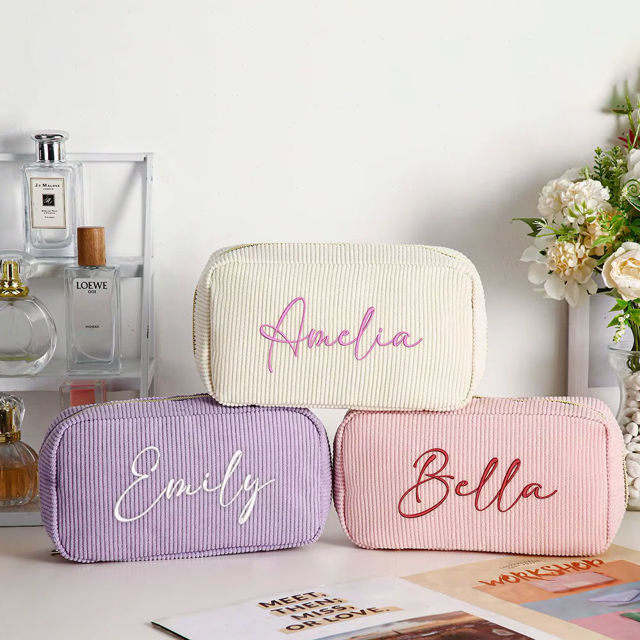 Picture of Custom Embroidered Corduroy Cosmetic Bag with Name | Personalized Travel lettered Makeup Bag | Gift for Her