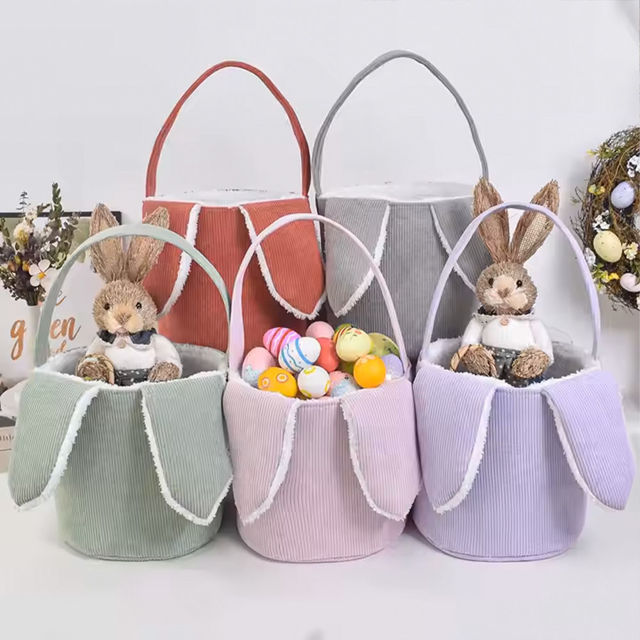 Picture of Personalized Easter Bucket - Customized Name Easter Bucket - Corduroy Bunny Hand Basket