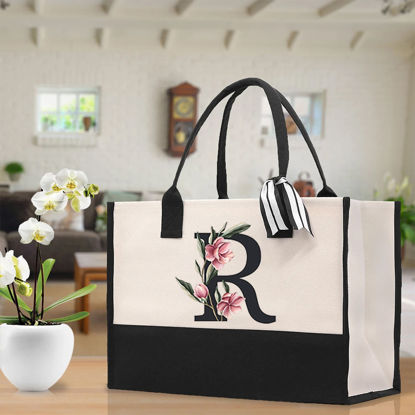 Picture of Custom Canvas Tote Bag with Birth Flower | Personalized  Name Tote Bag |  Bridesmaid Gift