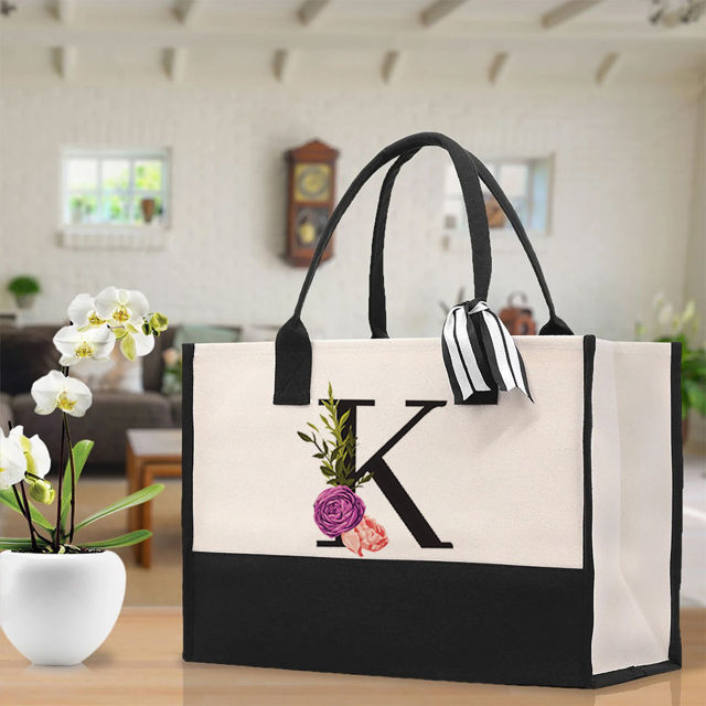 Picture of Custom Canvas Tote Bag with Birth Flower | Personalized  Name Tote Bag |  Bridesmaid Gift