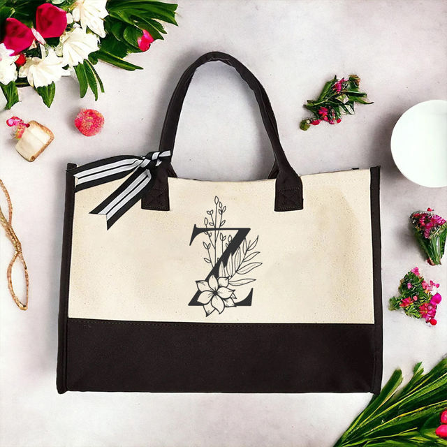 Picture of Custom Canvas Tote Bag with Birth Flower | Personalized  Name Tote Bag |  Bridesmaid Gift