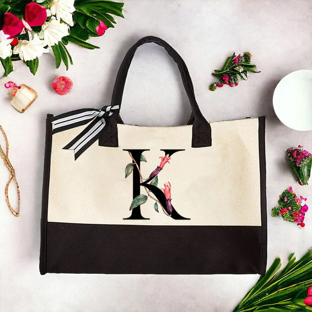 Picture of Custom Canvas Tote Bag with Birth Flower | Personalized  Name Tote Bag |  Bridesmaid Gift