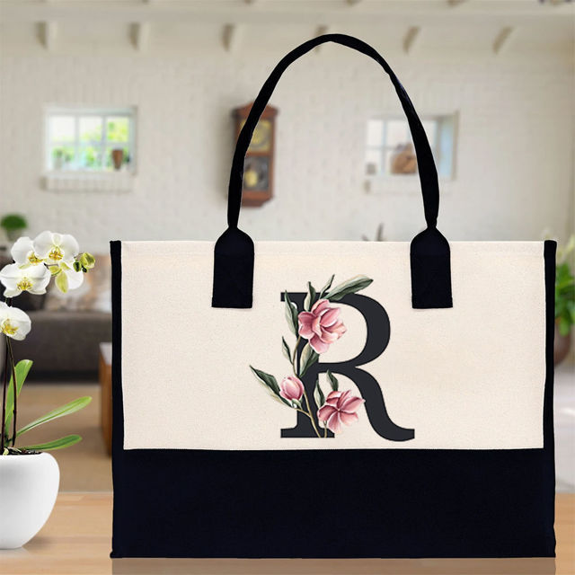 Picture of Custom Canvas Tote Bag with Birth Flower | Personalized  Name Tote Bag |  Bridesmaid Gift